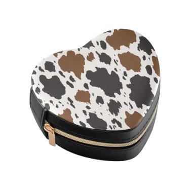 Imagem de Burbuja Caixa de joias em forma de coração com estampa de vaca mini estojo de joias de viagem para mulheres e meninas, estojo portátil organizador de armazenamento para brincos, anéis, colares e