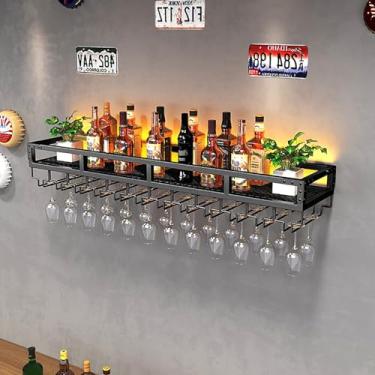 Imagem de Rack de vinho montado na parede com suporte de vidro, suporte de garrafa de metal, prateleiras flutuantes de unidade de bar com luz LED, suporte de vinho de ferro, rack de exibição multifuncional de