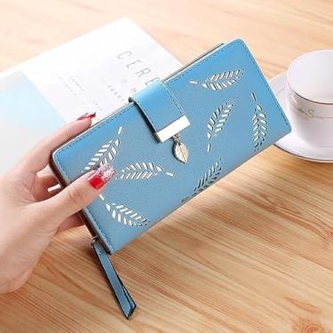 Imagem de Carteira feminina de couro dobrável de folha longa, porta-cartões, fivela com zíper, elegante, carteira clutch para mulheres - damasco, Azul-celeste, Bonito