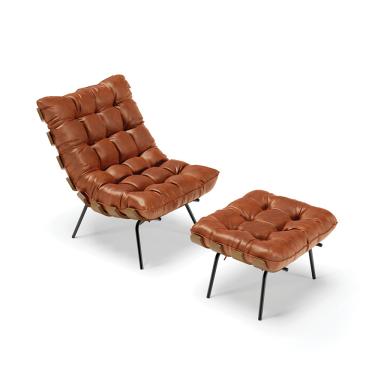 Imagem de Kit 01 Poltrona e 01 Puff Costela Corano Nozes Base Metálica Preto - D'Rossi