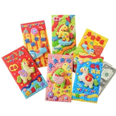 Imagem de Envelopes vermelhos chineses, 6 peças de Ano Novo 3D Boa Sorte - Envelopes de dinheiro bordados em 3D, para festival de primavera TET, lembrancinhas de festa, casamento, férias, crianças, adultos