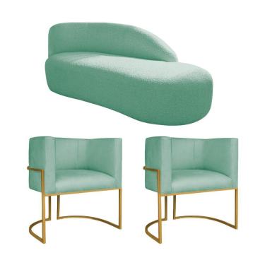 Imagem de Kit Divã Luna 140cm Lado Direito E 02 Poltronas Base De Ferro Dourado Suede Cor Azul Tiffany