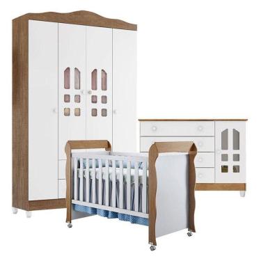 Imagem de Quarto De Bebê New Selena 4 Portas Com Cômoda Gran Selena E Berço Mirelle Branco Acetinado Amadeirado – Carolina Móveis