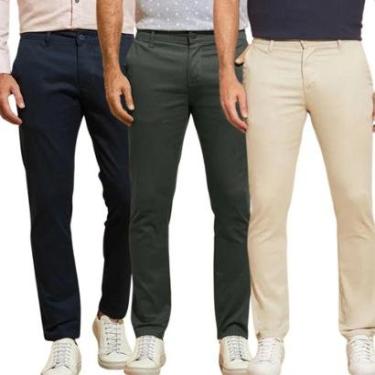 Imagem de Kit 3 Calças de Sarja Chino Com Bolso Traseiro Embutido Alfaiataria-Masculino