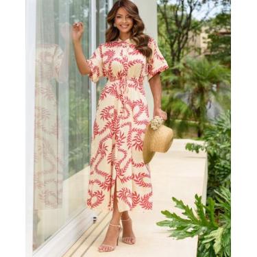 Imagem de Vestido Feminino Midi Botões Manga Curta Malha Fluity - FIA MODAS, Cre