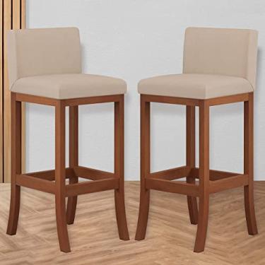 Imagem de Kit 2 Banquetas Média Encosto Estofado 38x88Cm Ilha Espanha Madeira Maciça Castanho Suede Bege - CCS