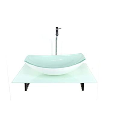 Imagem de KIT CUBA DE VIDRO OVAL CHANFRADA COM TAMPO 60CM BRANCO FULL E SUPORTE TORNEIRA VALVULA