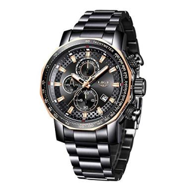Imagem de LIGE Relógios masculinos, masculinos, esportivos, militares, à prova d'água, de aço inoxidável, com data, analógico, quartzo, masculino, Preto, 8.07