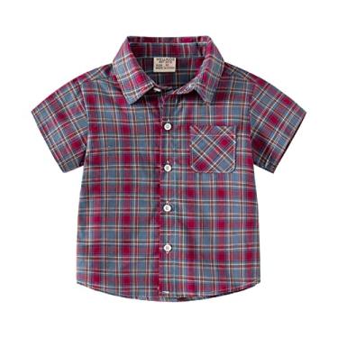 Imagem de Camisetas infantis de flanela para meninos 6 anos jaqueta xadrez manga curta lapela botão shacket bebê meninos meninas top, Vermelho, 4-5 Anos