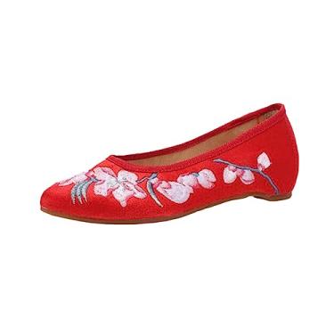 Imagem de Sapato feminino de salto baixo bordado floral sapato étnico bico fino para mulheres sapatos estilo chinês cunhas vintage vermelho 8, Vermelho, 8