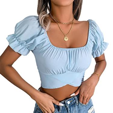 Imagem de Blusa Curta de Chiffon, Camiseta de Chiffon de Cor Pura Plissada Com Decote Elástico Manga Bufante para Meninas Adolescentes para Atividades Ao Ar Livre (S)