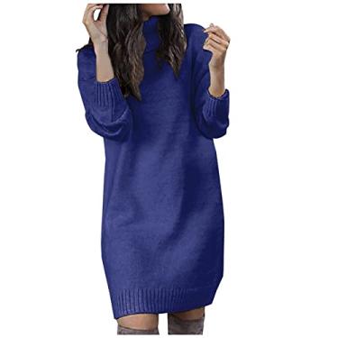 Imagem de Vestido feminino de crochê de tricô slim túnica para mulheres manga longa barco gola tartaruga suéter inverno outono 2023, T-94 azul-marinho, 3G