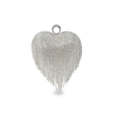 Imagem de CORIOS Bolsa feminina de luxo em forma de coração com borla para noite com strass, bolsa de casamento, Prata, Large