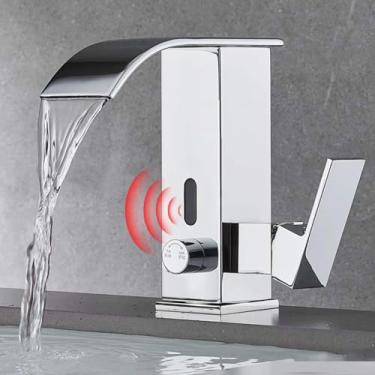 Imagem de Torneira de lavatório torneira de sensor inteligente, quente e frio totalmente automático manual duplo uso torneira lavatório cachoeira (cor: prata brilhante)