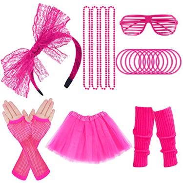 Imagem de ONUPGO Acessórios de fantasia dos anos 80 para meninas e mulheres, saia tutu para cabeça, brinco, colar, polainas, acessórios de fantasia dos anos 80, fantasia de festa (rosa vermelha)