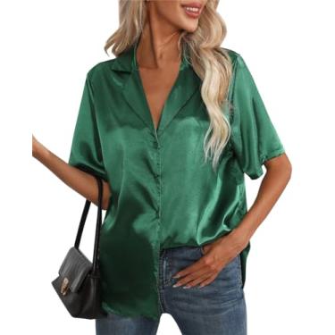 Imagem de DAIMIDY Camisas femininas de seda manga curta blusas casuais de cetim blusas de botão para mulheres, Verde escuro, G