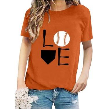 Imagem de Camiseta feminina de beisebol Mama casual de verão solta com estampa de amor de beisebol manga curta gola redonda camisetas básicas, Laranja, 4G