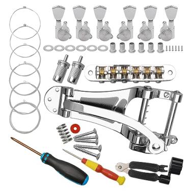 Imagem de Unxuey Tremolo prata Ponte Vibrato Tailpiece 6 Cordas Guitarra Roller Saddle Tune-O-Matic Bridge para LP Guitarra, 6 Pçs Sintonizadores de Bloqueio de Guitarra (3L+3R Mãos) com 6 Cordas, Enrolador de Corda e Chave de Fenda