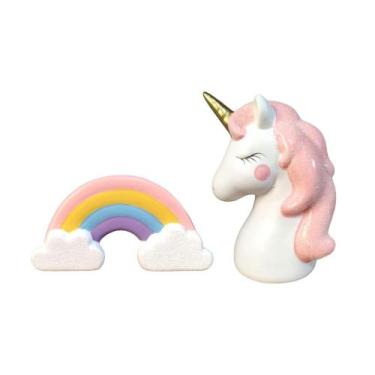 Imagem de Kit 2 Peças Cofre Arco Iris e Unicornio Rosa Gliter Ceramica - Decore 