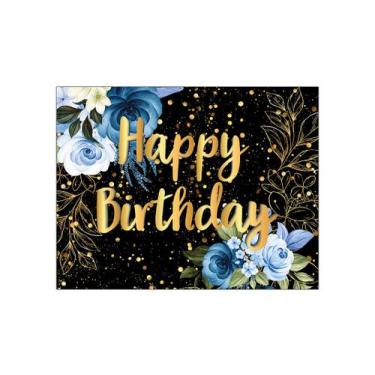 Imagem de Painel de Festa Horizontal 1,55 X 1,20 - Happy Birthday Floral Azul Ef