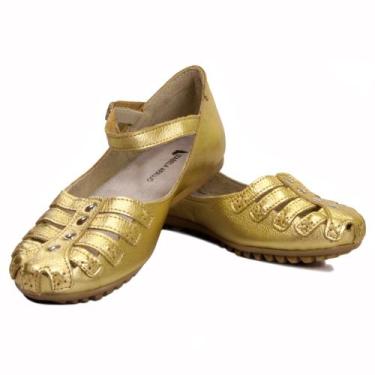 Imagem de sapatilha de couro feminina estilo retrô cor dourada Izabela Araújo, D
