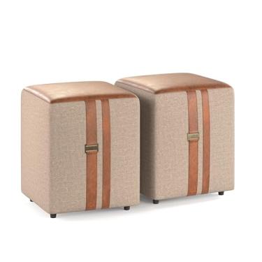 Imagem de Kit 2 Puff Puf Banqueta Couro Linho Quadrado 45X35 -Domus- Bege