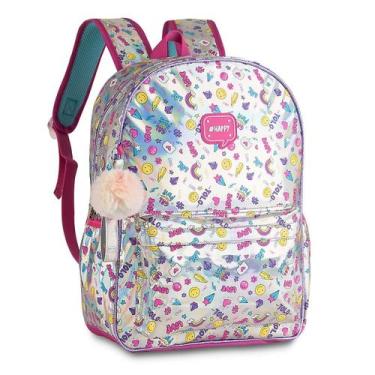 Imagem de Mochila Escolar Costas Puxadores Personalizados Happy Prata - Clio