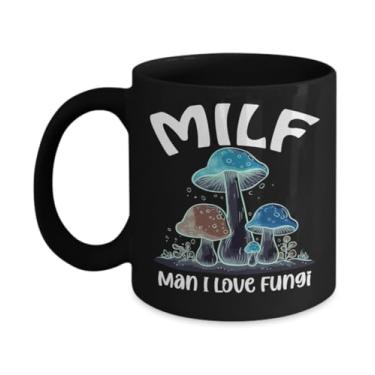 Imagem de Creator's Cove Caneca de cogumelo Milf Man I Love Fungi Caneca de café preto Milf, presentes para amantes de cogumelos para mulheres esposa namorada, presentes fofos de cogumelos bioluminescentes