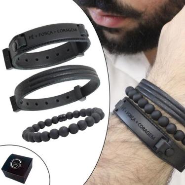 Imagem de Kit C/03 Pulseiras de Couro Masculina Fé Força Coragem Brilho All Blac