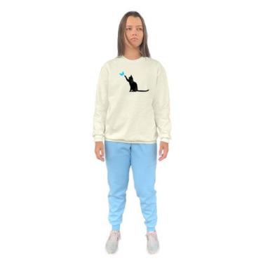 Imagem de Conjunto de Moletom Feminino Blusa Sem Capuz e Calça Jogger Estampado 
