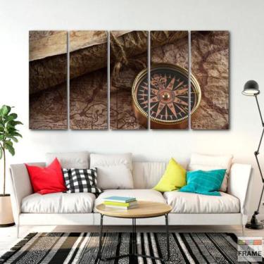 Imagem de Quadro Decorativo Mapa Mundi Bussula 140x65 - Wall Frame