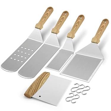 Imagem de Conjunto de 5 espátulas de metal, kit de acessórios de chapa HaSteeL resistentes, torneador de hambúrguer de aço inoxidável durável, ferramentas raspadoras para grelha plana Teppanyaki, ferro fundido,