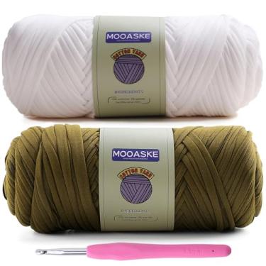 Imagem de Mooaske Pacote com 2 camisetas de crochê para fazer você mesmo tricô pano de crochê bolsa de bonecas - 400 g de fio grosso grosso para crochê com tecido elástico de mistura de poliéster-elastano
