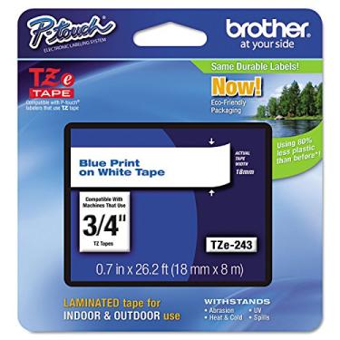 Imagem de Brother Fita P-Touch TZE-243 genuína, fita P-Touch laminada padrão de 0,7 mm, azul sobre branco, laminada para uso interno ou externo, resistente à água, 8 m, embalagem única