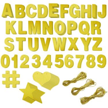 Imagem de 130 peças DIY Gold Glitter Make Your Own Banner Kit com letras, números, símbolos e cordas para aniversários, casamentos e decoração de artigos de festa (letras de 12 cm)