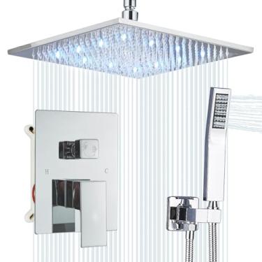 Imagem de Saetow Conjunto de Torneira de Chuveiro para Montagem No Teto Cabeça de Chuveiro de Chuva Led de 12" Sistema de Chuveiro de Chuva para Banheiro com Spray Portátil Corpo de Válvula Áspero e Acabamento