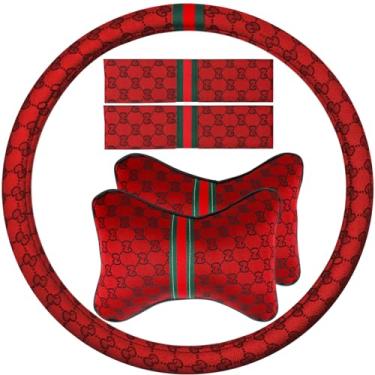 Imagem de KANYO-AUTO Capa de volante para mulheres com 2 travesseiros de encosto de cabeça de carro e 2 almofadas de cinto de segurança para ombro, ajuste universal, volante de 36 a 38 cm (vermelho)