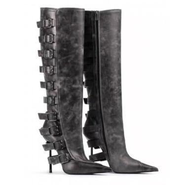 Imagem de UNWRBD Botas de inverno com fivela de cinto de 10 cm de tamanho grande bico fino salto alto elegantes botas de joelho stiletto, Cinza, US10.5 EU46