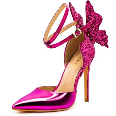 Imagem de FINDVELL Feminino Saltos Altos Rosa Choque Borboleta Costas Sexy Estilete Bombas Fechado Toe Brilhante Tornozelo Tira Sandálias Sapatos Sociais Para Mulheres Tamanho 10