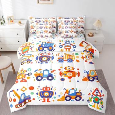 Imagem de Feelyou Jogo de cama com robôs fofos, para crianças, meninos, meninas, caminhão, trator, escavadeira, edredom de tamanho casal, aquarela, equipamento, edredom colorido, kawaii, azul, amarelo