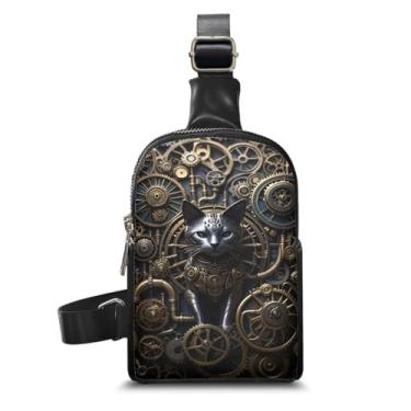 Imagem de Jolamirel Bolsa tiracolo Steampunk feminina de couro PU, bolsas de peito com engrenagens robóticas mecânicas para viagens e corrida, Gato preto, One Size