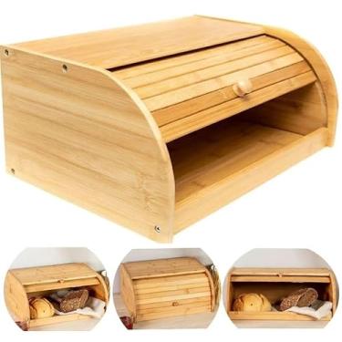 Imagem de Porta Pão Bambu Com Tampa Retrátil Cesta Para Pães E Bolos