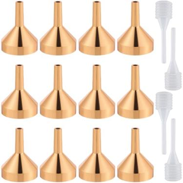 Imagem de GORGECRAFT 12 peças de funis de óleo essencial de metal de funil de alumínio dourado de 3,3 x 0,8 cm com 4 miniconta-gotas transparentes para enchimento de frascos pequenos ou recipientes atomizadores