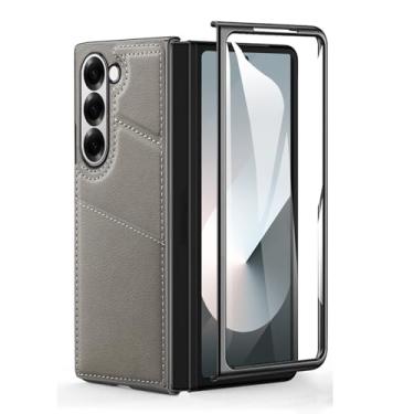 Imagem de HAO RIYLN Capa carteira para Samsung Galaxy Z Fold6, capa de telefone de couro retrô com compartimentos para cartões, suporte oculto, capa galvanizada à prova de choque, cinza, Z DOBRAD6