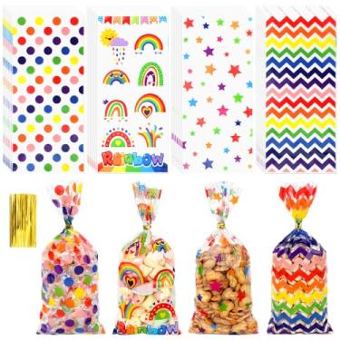 Imagem de SycloPak Sacos de celofane arco-íris, sacos de guloseimas de celofane arco-íris para biscoitos, mini embalagens de doces, assar, fazer você mesmo, sacolas de presente