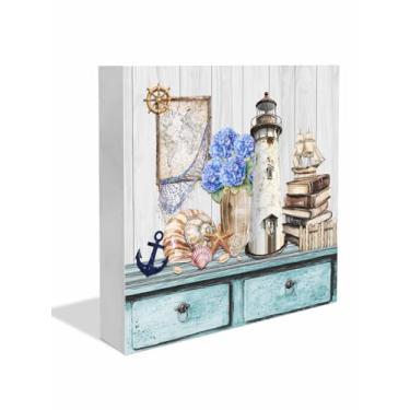 Imagem de Picpeak Placa de caixa de madeira 15 x 15 cm, vintage farol concha livro flores bandeja decorativa de grão de madeira, decoração de casa e escritório de dupla finalidade para sala de estar, mesa