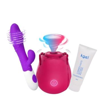 Imagem de Kit Vibrador Rosa Sugador Recarregável + Vibrador Snap, 10 Modos de Vibração, Silicone, Vermelho, Gel lubrificante