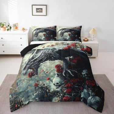 Imagem de Erosebridal Jogo de cama casal com dragão 3D, vida selvagem ocidental, rosa vermelha, caveira, decoração de quarto de todas as estações, animais selvagens