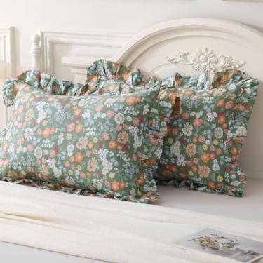 Imagem de Silnuo Fronhas de travesseiro com babados florais, tamanho Queen, conjunto de 2 capas de travesseiro country chique fazenda verde jardim flores - 50 x 76 cm
