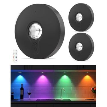 Imagem de Aokpsrt Luzes de disco RGB recarregáveis com controle remoto, luzes de pressão operadas por bateria de 1500 mAh, reguláveis e temporizadores, iluminação sob armário para armário, quarto, cozinha,